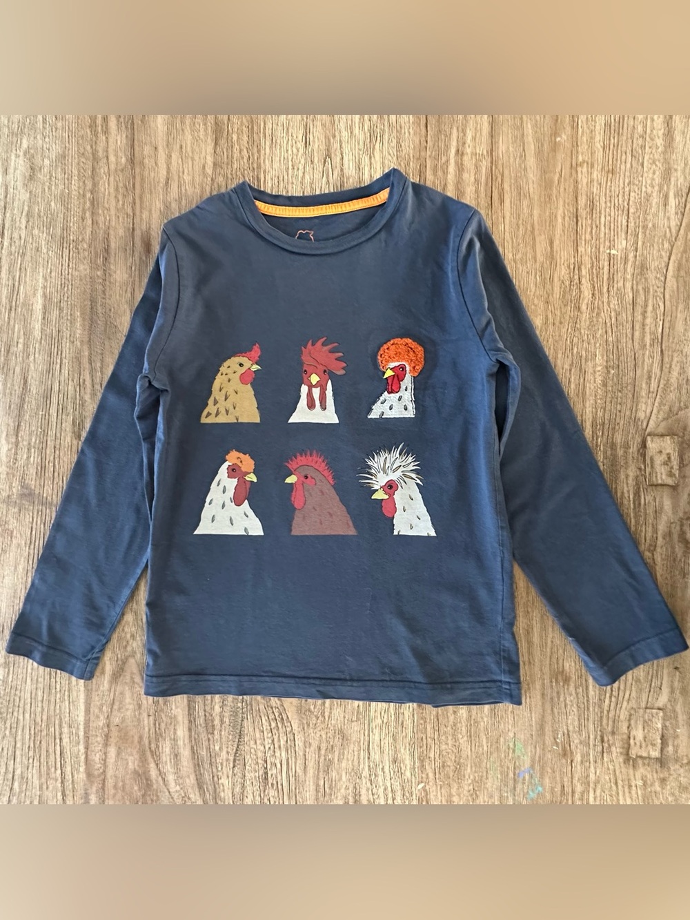 Mini Boden Navy Long-Sleeve Kids Shirt with Colorful Chicken Graphic